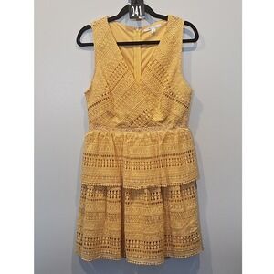 Miami Francescas‎ Mustard Yellow Eyelet Lace Tiered Mini Dress L 004-213231